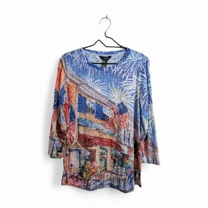 Ali Miles Watercolor American Flag Tunic Top T-shirt 3/4 Sleeve 4th Of July M